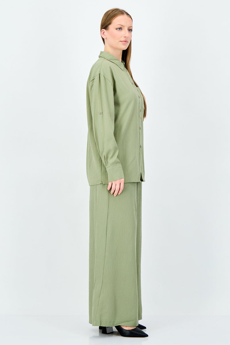 ANNE KLEIN Women 2 Pieces Pointed Collar Long Sleeve Textured Shirt And Palazzo Pants Set, Light Green - Image 2